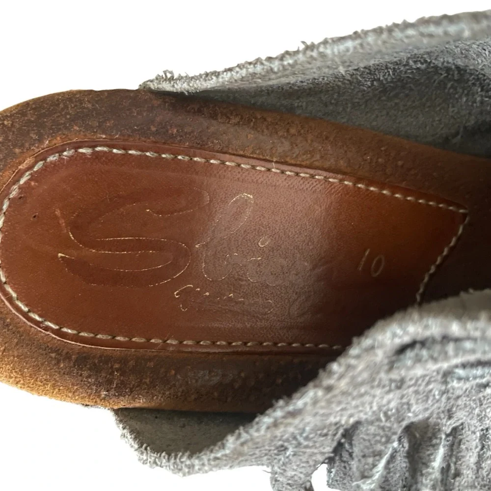SBICCA Anthropologie Pitch Wedge Mules Heel Size 10 Women's Gray Suede Fringe - Picture 3 of 14